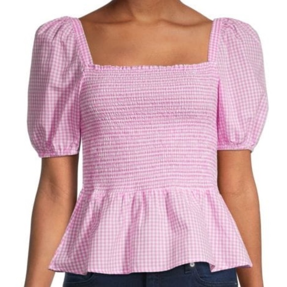 French Connection Artina gingham smock top in pink / white puff sleeves sz L - Picture 1 of 11